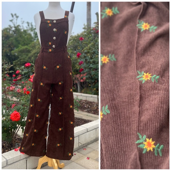 Cider Pants & Jumpsuits Cider Brown Corduroy Floral Embroidered